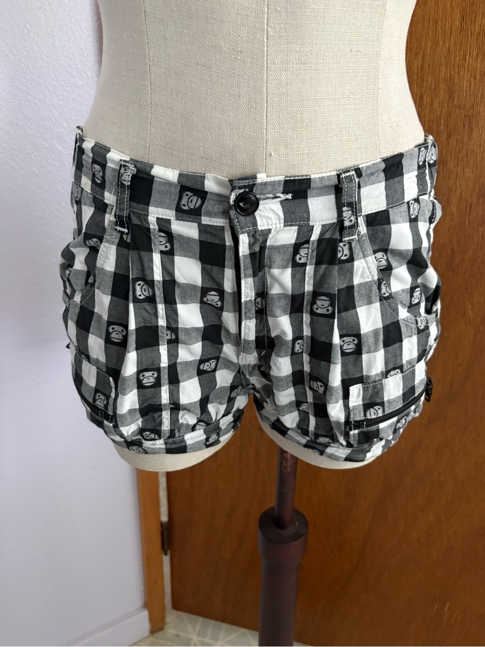 BAPE sz XXS Baby Milo Gingham Black White Gray Bubble Shorts Elastic Waist